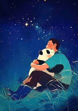 Man Hugging Panda Starry Sky