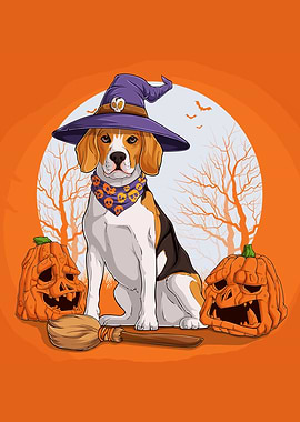 Halloween Beagle Witch with Pumpkins