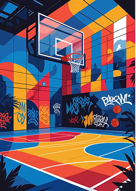 Colorful Graffiti Basketball Court Illustration