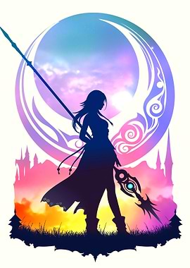 Silhouette Warrior with Crescent Moon Backdrop