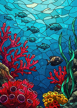 Stained Glass Underwater Scene with Fish