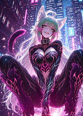 Anime Catgirl in Cyberpunk Cityscape