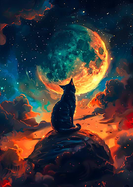 Cat gazing at the moon