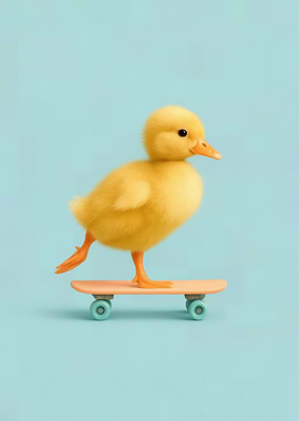 Cute Duck on Skateboard – Happy Yellow Baby Duck Poster