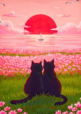 Cats sunset flower field