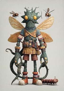 Whimsical Wood Creature with Insect Companions