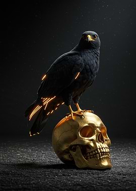 Raven perched on golden skull