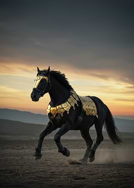 Black Horse with Golden Armor Galloping