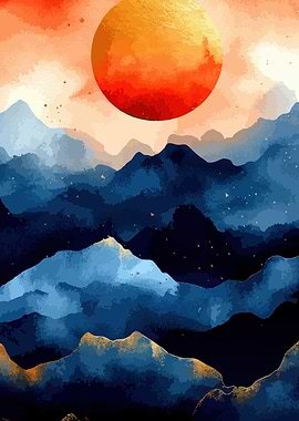 Watercolor Mountain Landscape with Sun