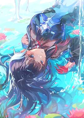Anime Girl in Water Lily Pond