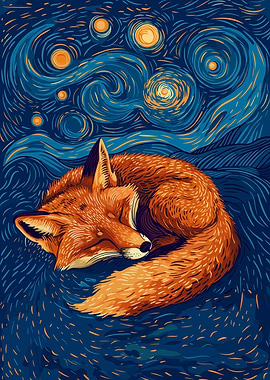 Sleeping Fox Under Starry Night Sky