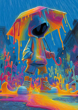 Colorful Rain: Abstract Character with Umbrella