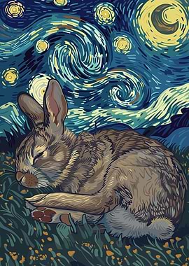 Sleeping Rabbit Starry Night Art
