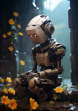 Robot and Flowers in Rain