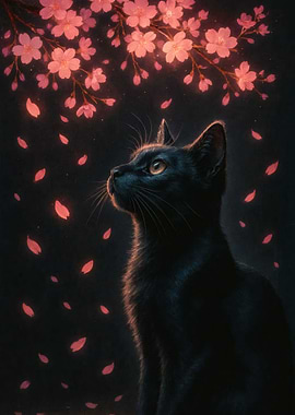 Midnight Sakura – Black Cat Under Cherry Blossoms