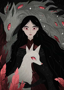 Mystical Woman with Foxes and Wolf