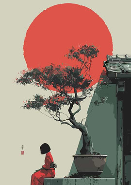 Japanese Garden with Woman and Bonsai