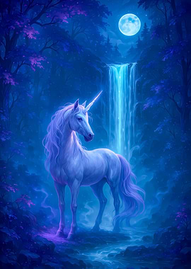 Unicorn in Moonlight by Waterfall