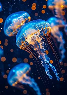 Glowing Jellyfish in Deep Blue Sea