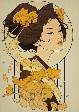 Geisha with Yellow Flowers Illustration