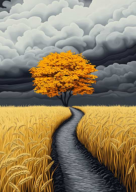 Golden Tree in Wheat Field