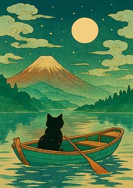 Cat in Boat with Mount Fuji View