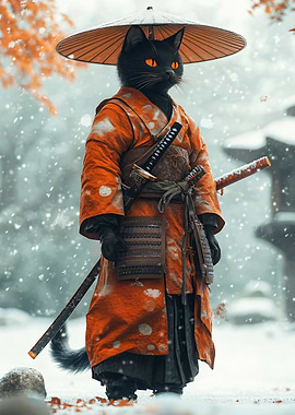 Samurai Cat in Snowy Landscape