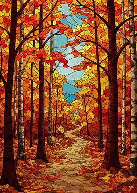 Autumn Forest Path Stained Glass Style