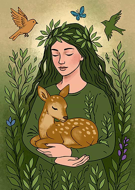 Woman with Deer and Nature