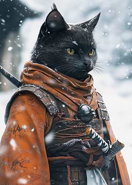 Samurai Cat in Snowy Landscape