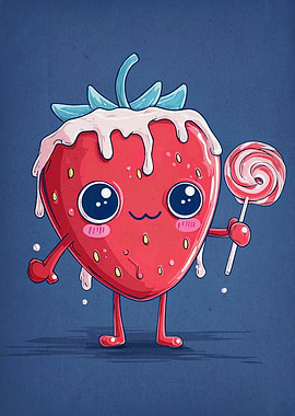 Cute Strawberry Character with Lollipop