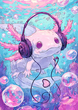 Cute Axolotl Listening to Music