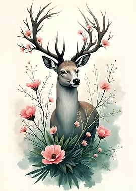 Deer Flowers Watercolor