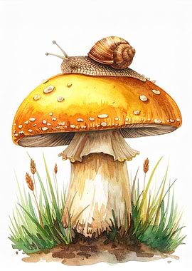 Snail on Mushroom Watercolor
