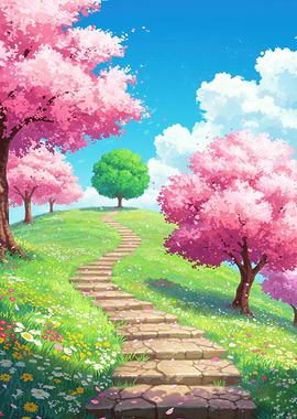 Cherry Blossom Path to Green Tree