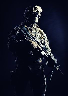 Soldier with rifle in dark setting