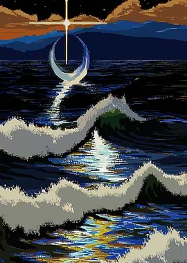 Pixelated Ocean with Crescent and Cross
