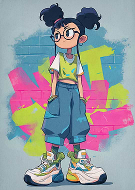 Cartoon Girl with Graffiti Background
