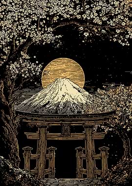 Mount Fuji and Torii Gate Illustration