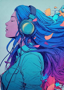Girl with Headphones in Digital Art