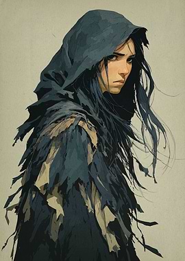 Hooded Woman in Tattered Clothing
