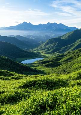 Lush Green Valley with Distant Mountains