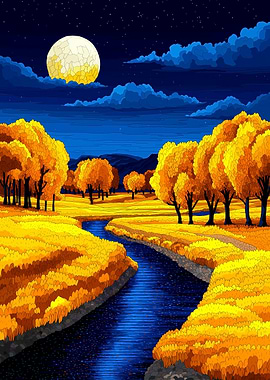 Golden Autumn Night Landscape