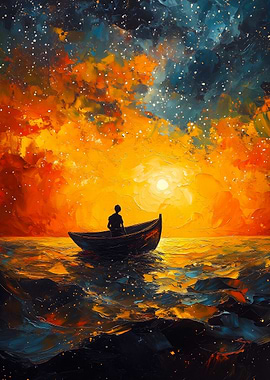 Boat on Water at Sunset Painting