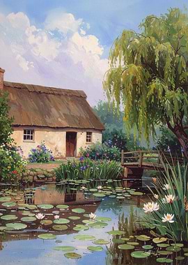 Cottage by the Pond Painting