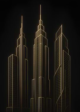 Golden Outlines of Skyscrapers on Black