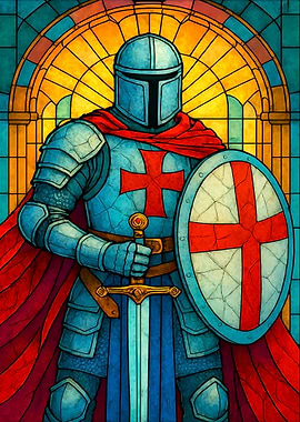 Stained Glass Knight with Sword and Shield