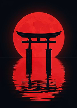 Torii Gate Silhouette with Red Moon