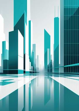 Minimal Teal Cityscape — Futuristic Geometric Skyline Digital Art