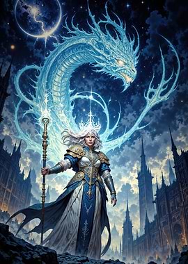 Ice Dragon Empress: Guardian of the Frozen Realm Under a Cosmic Moon